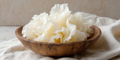 A сlose-up delicate white tremella fuciformis are arranged in a rustic wooden basket placed on soft linen fabric.