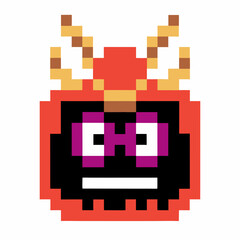 Pixel art bug monster with antennae and angry eyes on white background retro digital 8 bit alien creature concept