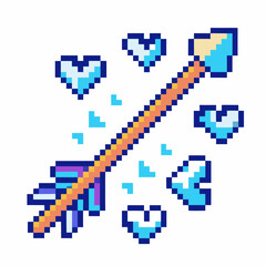 Obraz premium Pixel art arrow with blue heart shapes retro 8 bit love, romantic symbol, playful digital design, nostalgia illustration