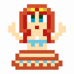 Fototapeta premium Retro pixel art mermaid character sea creature in blue bikini, waving arms, simple classic 8 bit video game