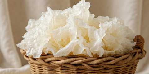 Fresh tremella fuciformis ( Chinese gelatinous fungi )  in a  wooden basket placed on linen fabric.