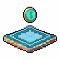 Obraz premium Pixel art floating blue platform with coin above retro gaming asset, digital currency, isometric 8 bit icon