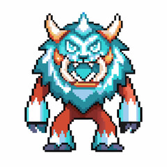 Fototapeta premium Mythical ice beast pixel illustration retro videogame fantasy monster with blue fur, horns, claws, isolated white background