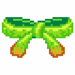 Obraz premium Pixel art green bow with orange tips retro decorative ribbon, isolated on white, vintage gaming accessory decoration