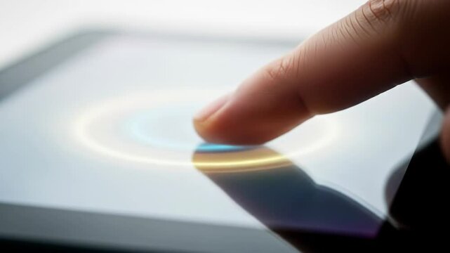 Close-up of finger touching digital tablet screen with glowing icon  