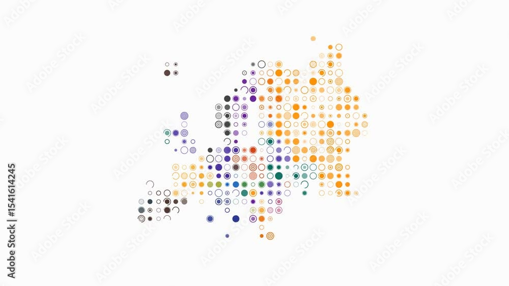Poster europe dotted animation. shape of the continent build of pulsating colored dots. large size circle b