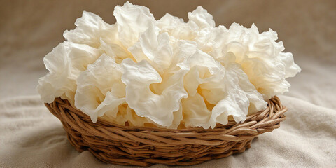 A сlose-up delicate white tremella fuciformis are arranged in a rustic wooden basket placed on soft linen fabric.
