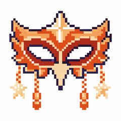 Obraz premium Carnival masquerade mask in pixel art style, festive orange celebration accessory with star decorations and hanging details