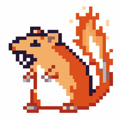 Obraz premium Pixel art fire tailed squirrel retro animal with flaming tail, orange fur, cute character, 8 bit vintage
