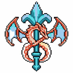 Pixel art fantasy sword with blue blade, dragon wings, and curled serpent retro gaming medieval weapon design
