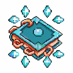 Magic pixel book surrounded by glowing gems, fantasy inspired digital art, pixelated enchanted tome with blue crystals