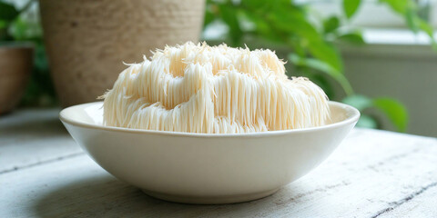 A white ceramic bowl  with white, shaggy lion's mane mushrooms displaying their characteristic long, flowing, icicle-like spines sits on a wooden surface with green foliage blurred in the background.