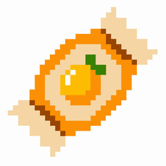 Obraz premium Pixel art orange fruit candy with wrapper retro sweet treat, colorful dessert icon, fun digital confection