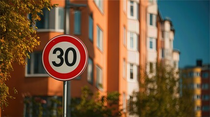 The “30” speed sign is placed near housing in an autumn setting, enforcing road rules and protecting pedestrians.
