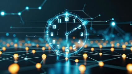Materializing holographic clock face moving minute hand over orange node grid, synchronizing data - Powered by Adobe
