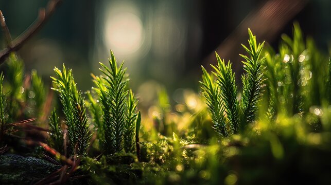 Delicate club moss rises from the forest floor, surrounded by light spots and bokeh, creating a serene botanical scene.
