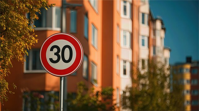 Fototapeta The “30” speed sign is placed near housing in an autumn setting, enforcing road rules and protecting pedestrians. 
