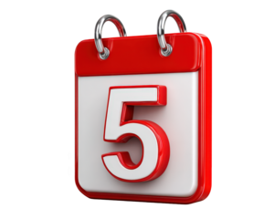 Calendar icon red and white number five isolated 3D illustration metallic rings date reminder modern design clean background digital graphic