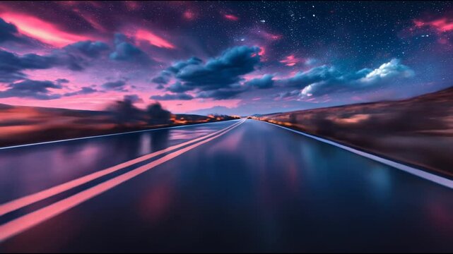 The camera quickly flies along a wet road, stretching into infinity under the glow of a sunset sky painted in pink, blue and purple tones.