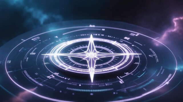Emerging digital compass rose spinning clockwise against starfield, with alphanumeric rings