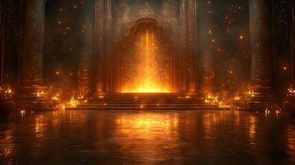 A glowing ethereal temple shrine with intricate golden accents