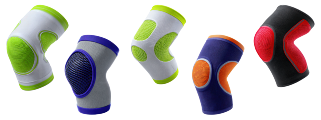 Colorful athletic knee braces with padded zones and stretch fabric for support, isolated on transparent background