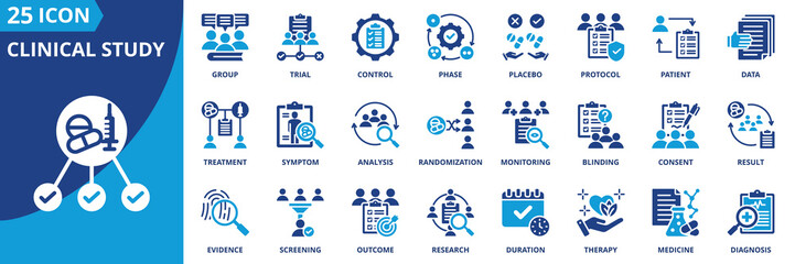 clinical study icon set collection in dual tone style. an icon pack contain trial, patient, placebo, control, protocol, data, dosage, group, phase, result