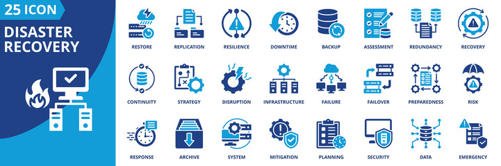 disaster recovery icon set collection in dual tone style. an icon pack contain backup, failover, redundancy, replication, recovery, resilience, downtime, restore, infrastructure, disruption