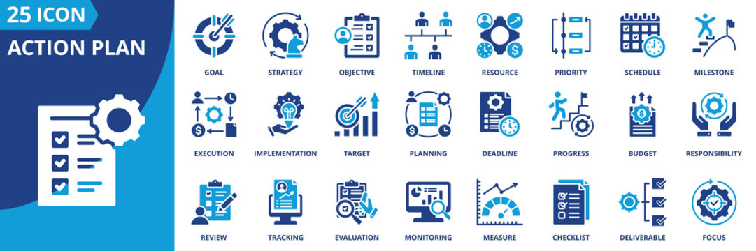 action plan icon set collection in dual tone style. an icon pack contain goal, strategy, objective, timeline, resource, priority, schedule, milestone, deadline, responsibility