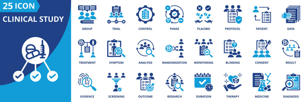 clinical study icon set collection in dual tone style. an icon pack contain trial, patient, placebo, control, protocol, data, dosage, group, phase, result
