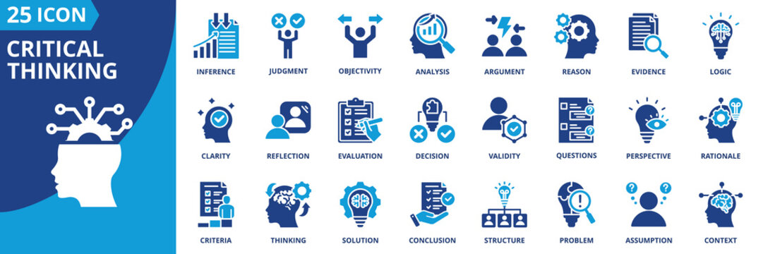 critical thinking icon set collection in dual tone style. an icon pack contain logic, reason, judgment, evidence, analysis, argument, assumption, inference, reflection, evaluation