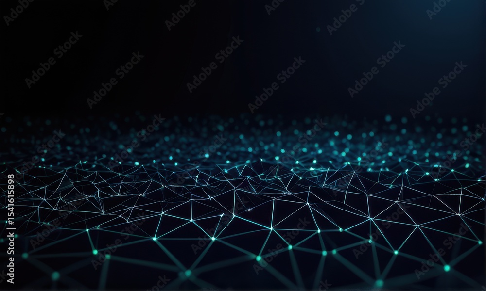 Poster abstract teal digital network glowing nodes and lines dark background