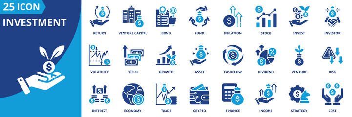 investment icon set collection in dual tone style. an icon pack contain invest, venture capital, inflation, stock, bond, fund, stock, return, yield, asset