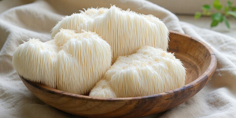 lion's mane mushrooms  ( Hericium erinaceus ) in a wooden basket placed on linen fabric.
