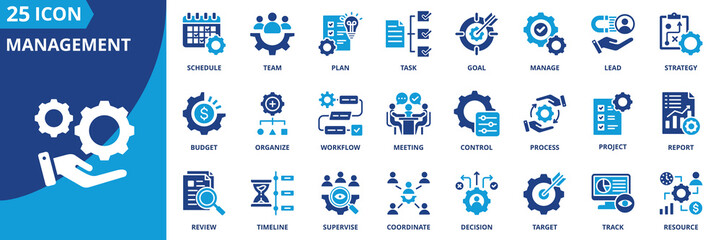 management icon set collection in dual tone style. an icon pack contain manage, plan, lead, strategy, goal, task, team, schedule, organize, project