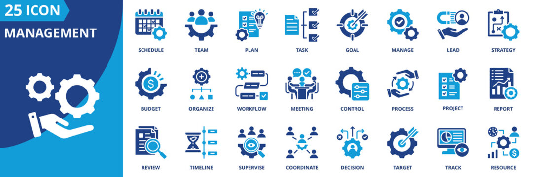 management icon set collection in dual tone style. an icon pack contain manage, plan, lead, strategy, goal, task, team, schedule, organize, project