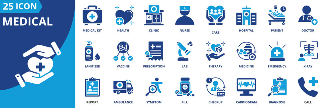 medical icon set collection in dual tone style. an icon pack contain medical kit, doctor, nurse, hospital, clinic, health, patient, x-ray, sanitizer, therapy