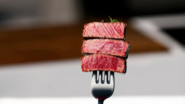 Juicy, rare beef steak pieces stacked on a fork with seasoning and basil leaf garnish against a soft, neutral background.