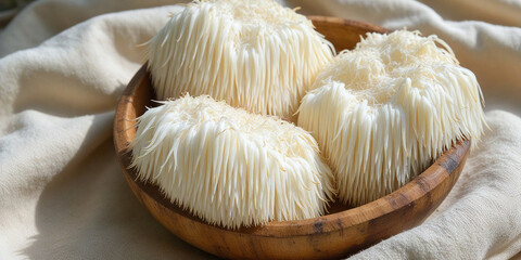 Fresh lion's mane mushrooms  in a rustic wooden basket.