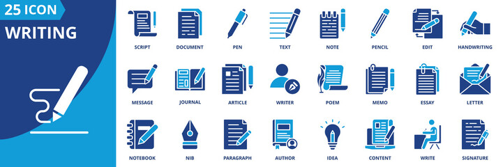 writing icon set collection in dual tone style. an icon pack contain writing, pen, pencil, note, edit, document, text, script, journal, article