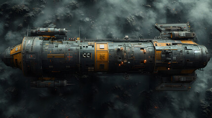 A colossal spaceship soars through a dark nebula, its metallic hull gleaming with orange accents amidst cosmic dust and asteroids, a breathtaking view of futuristic space travel.