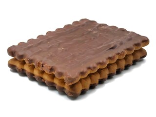 Photo of two square butter biscuits with a scalloped edge, one partially covered in a smooth, glossy layer of dark chocolate, stacked on top of each other on a white background.