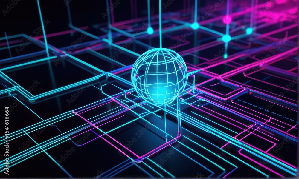 Poster glowing wireframe globe in a futuristic digital network
