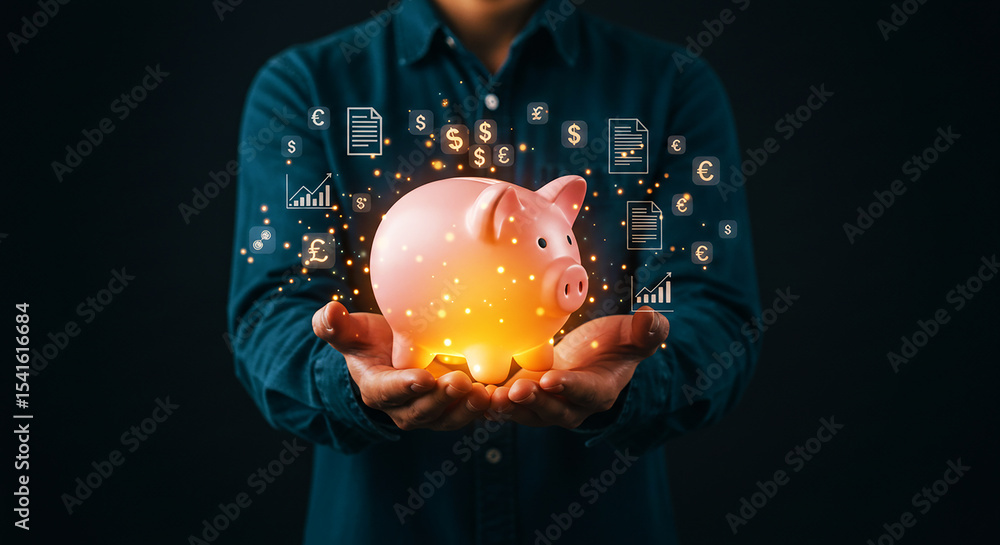 Poster man holding glowing piggy bank with currency symbols and charts floating around in a dark background