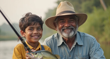 happy indian dad and boy enjoying fishing day