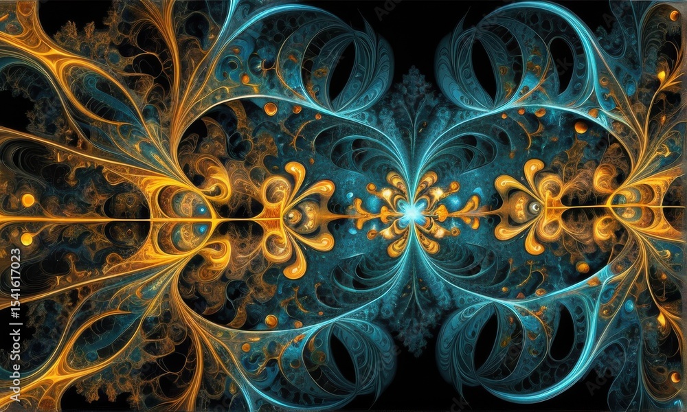 Poster teal and gold abstract fractal art with swirling patterns