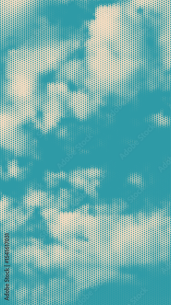 Poster Color halftone texture of blue sky with clouds. Abstract cloud pattern vector dotted pixel texture background with copy space. Vintage cloudy sky