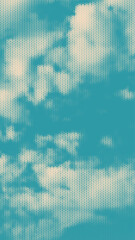 Color halftone texture of blue sky with clouds. Abstract cloud pattern vector dotted pixel texture background with copy space. Vintage cloudy sky