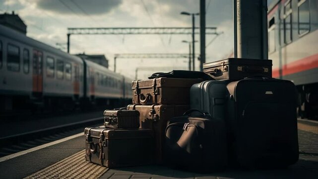 Vintage luggage stacked on train platform with trains in background  