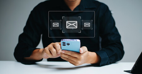 Man using mobile email app with floating message icons. Ideal for concepts of communication, inbox, chat, UX, connection